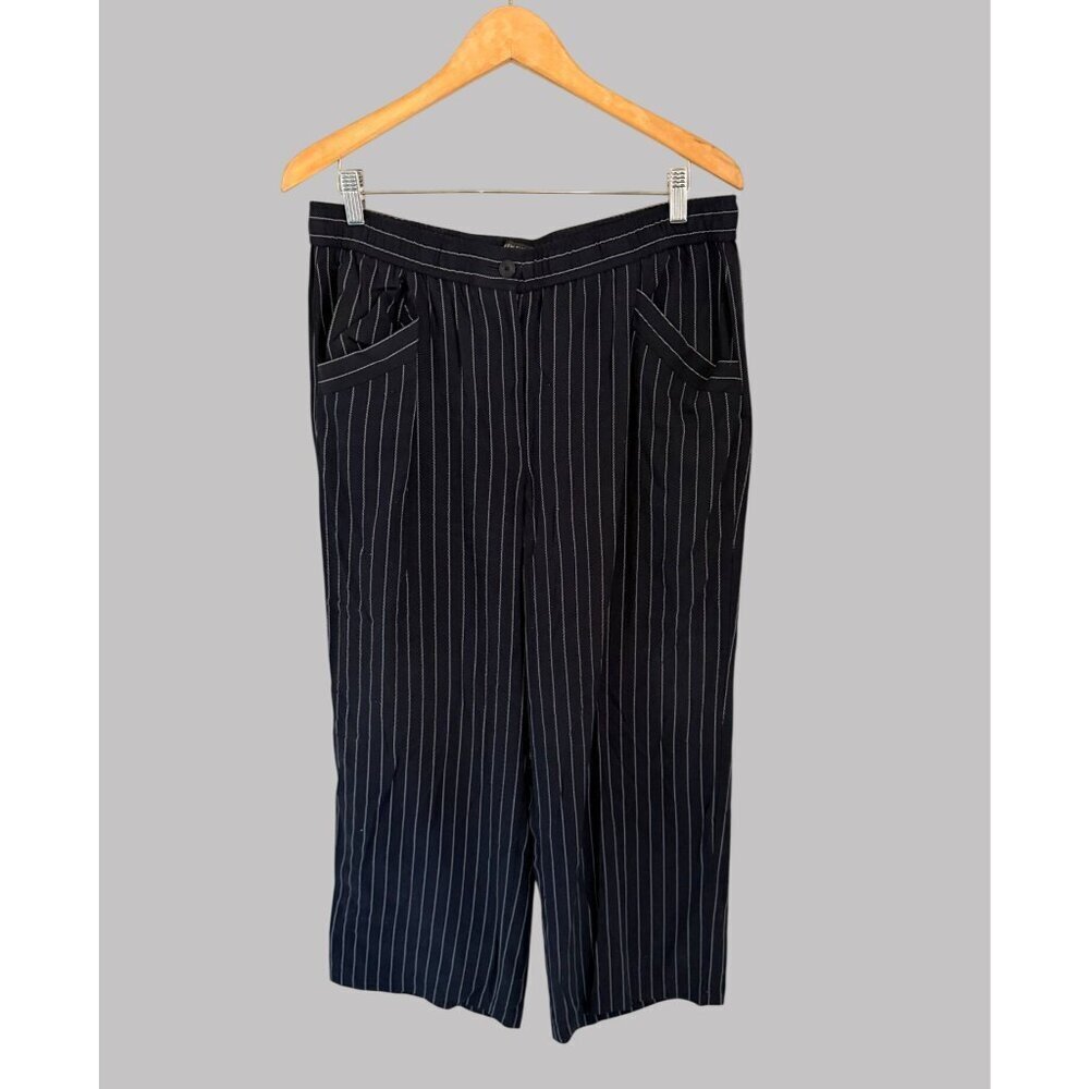 Eileen Fisher Navy Pinstripe Wide-Leg Cropped Pants Womens M Tencel/Lyocell Blen